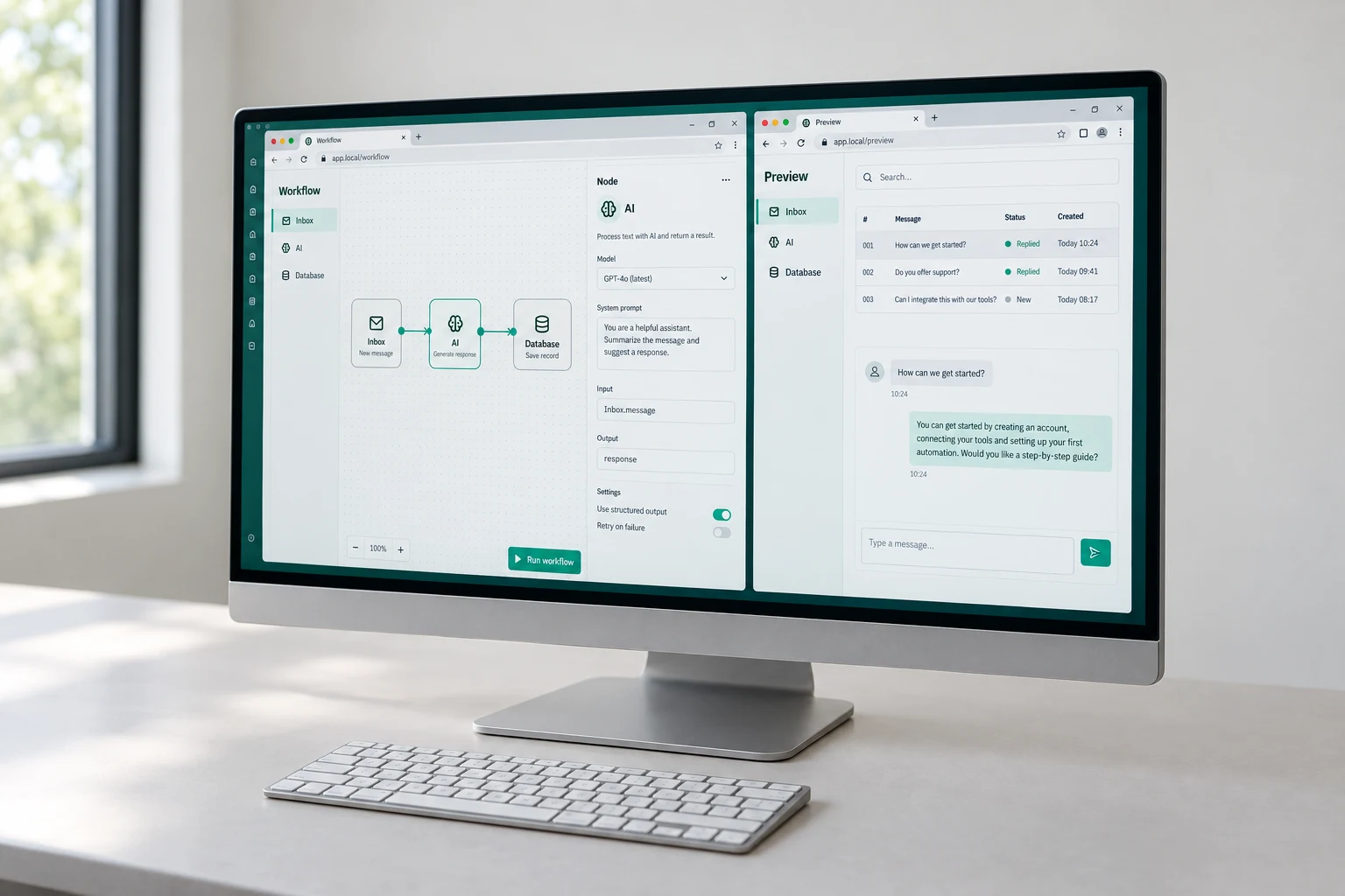 Een scherm met een AI-automatisering en een webapplicatie in aanbouw